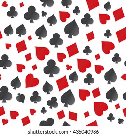 seamless pattern with symbol playing cards on white background. Vector pattern with card suits, clubs, hearts, diamonds, spades