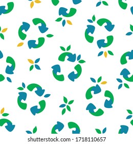 Seamless pattern with symbol of recycling and leaves. Green and blue arrows. Flat vector illustration