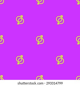Seamless pattern with the symbol of sex, men and women on a bright purple background green signs