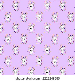 Seamless pattern with symbol of year cute bunny character with garland on light.Winter pattern with rabbit,wrapping paper,pattern fills,winter greetings,Christmas and New Year greeting cards.