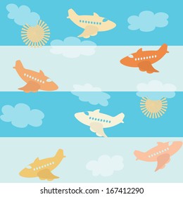 Seamless pattern with symbolic airplane silhouettes over sky