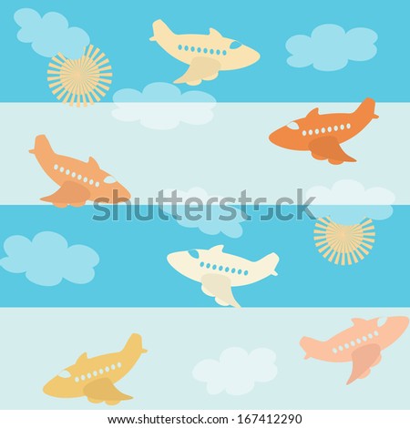 Seamless pattern with symbolic airplane silhouettes over sky