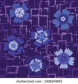 Seamless pattern. Symbolic carnations scattered on the foreground. Background consisting of rows of small squares and chaos of square blots. Editable.