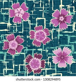 Seamless pattern. Symbolic carnations scattered on the foreground. Background consisting of rows of small squares and chaos of square blots. Editable.