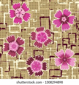 Seamless pattern. Symbolic carnations scattered on the foreground. Background consisting of rows of small squares and chaos of square blots. Editable.
