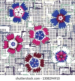 Seamless pattern. Symbolic carnations scattered on the foreground. Background consisting of rows of small squares and chaos of square blots. Editable.