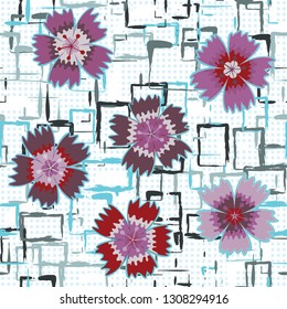 Seamless pattern. Symbolic carnations scattered on the foreground. Background consisting of rows of small squares and chaos of square blots. Editable.