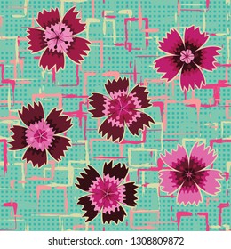 Seamless pattern. Symbolic carnations scattered on the foreground. Background consisting of rows of small squares and chaos of square blots. Editable.