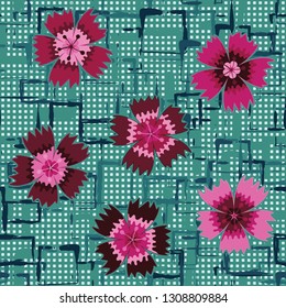 Seamless pattern. Symbolic carnations scattered on the foreground. Background consisting of rows of small squares and chaos of square blots. Editable.