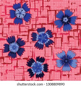 Seamless pattern. Symbolic carnations scattered on the foreground. Background consisting of rows of small squares and chaos of square blots. Editable.