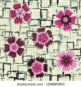 Seamless pattern. Symbolic carnations scattered on the foreground. Background consisting of rows of small squares and chaos of square blots. Editable.