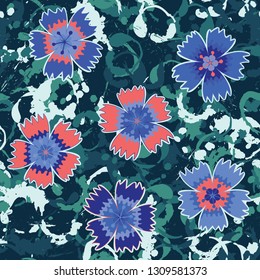 Seamless pattern. Symbolic carnations scattered on the foreground. 
The background consists of various annular blots. Editable.