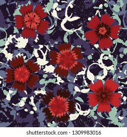 Seamless pattern. Symbolic carnations scattered on the foreground. 
The background consists of various annular blots. Editable.