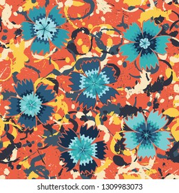 Seamless pattern. Symbolic carnations scattered on the foreground. 
The background consists of various annular blots. Editable.