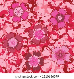Seamless pattern. Symbolic carnations scattered on the foreground. 
The background consists of various annular blots. Editable.