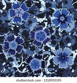 Seamless pattern. Symbolic carnations scattered on the foreground. 
The background consists of various annular blots. Editable.