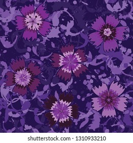 Seamless pattern. Symbolic carnations scattered on the foreground. 
The background consists of various annular blots. Editable.