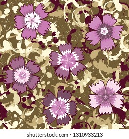 Seamless pattern. Symbolic carnations scattered on the foreground. 
The background consists of various annular blots. Editable.