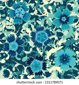 Seamless pattern. Symbolic carnations scattered on the foreground. 
The background consists of various annular blots. Editable.