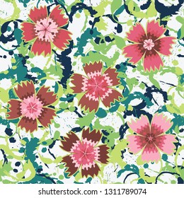 Seamless pattern. Symbolic carnations scattered on the foreground. 
The background consists of various annular blots. Editable.