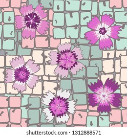 Seamless pattern. Symbolic carnations scattered on the foreground.
The background consists of chaos of stone blocks. Editable.