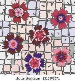 Seamless pattern. Symbolic carnations scattered on the foreground.
The background consists of chaos of stone blocks. Editable.