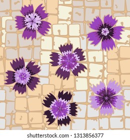 Seamless pattern. Symbolic carnations scattered on the foreground.
The background consists of chaos of stone blocks. Editable.