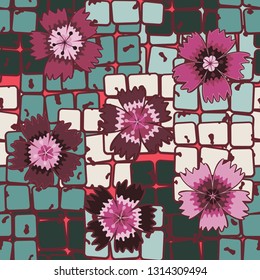 Seamless pattern. Symbolic carnations scattered on the foreground.
The background consists of chaos of stone blocks. Editable.