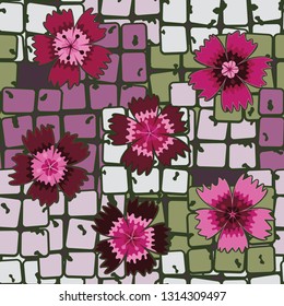 Seamless pattern. Symbolic carnations scattered on the foreground.
The background consists of chaos of stone blocks. Editable.