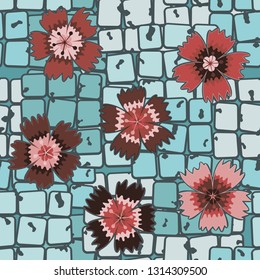 Seamless pattern. Symbolic carnations scattered on the foreground.
The background consists of chaos of stone blocks. Editable.