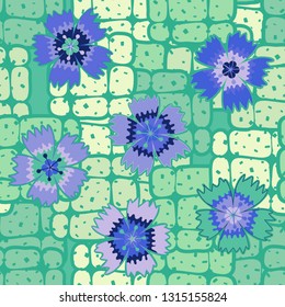 Seamless pattern. Symbolic carnations scattered on the foreground.
The background consists of groups of rounded bricks. Easy to edit.