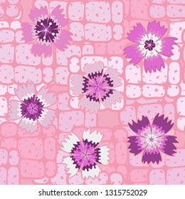 Seamless pattern. Symbolic carnations scattered on the foreground.
The background consists of groups of rounded bricks. Easy to edit.