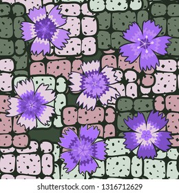 Seamless pattern. Symbolic carnations scattered on the foreground.
The background consists of groups of rounded bricks. Easy to edit.