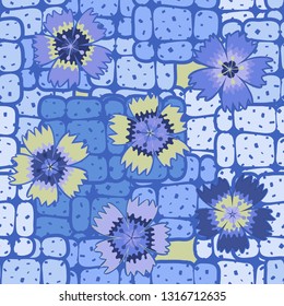 Seamless pattern. Symbolic carnations scattered on the foreground.
The background consists of groups of rounded bricks. Easy to edit.