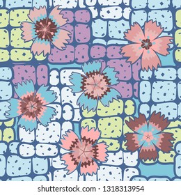 Seamless pattern. Symbolic carnations scattered on the foreground.
The background consists of groups of rounded bricks. Easy to edit.