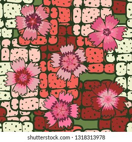 Seamless pattern. Symbolic carnations scattered on the foreground.
The background consists of groups of rounded bricks. Easy to edit.