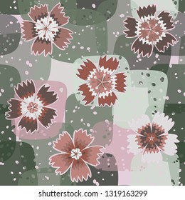 Seamless pattern. Symbolic carnations scattered on the foreground.
The background consists of translucent large spots. Editable.