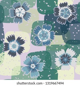 Seamless pattern. Symbolic carnations scattered on the foreground.
The background consists of translucent large spots. Editable.