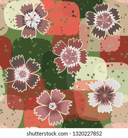 Seamless pattern. Symbolic carnations scattered on the foreground.
The background consists of translucent large spots. Editable.