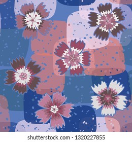 Seamless pattern. Symbolic carnations scattered on the foreground.
The background consists of translucent large spots. Editable.