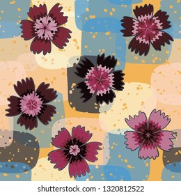 Seamless pattern. Symbolic carnations scattered on the foreground.
The background consists of translucent large spots. Editable.