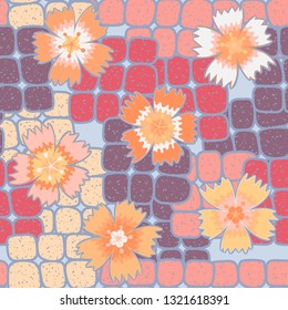Seamless pattern. Symbolic carnations scattered on the foreground.
The background consists of stone blocks. Editable.