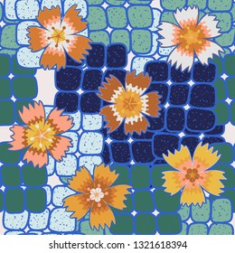 Seamless pattern. Symbolic carnations scattered on the foreground.
The background consists of stone blocks. Editable.