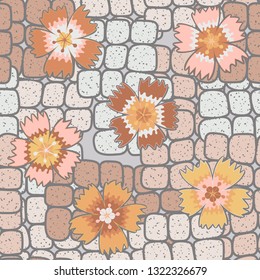 Seamless pattern. Symbolic carnations scattered on the foreground.
The background consists of stone blocks. Editable.