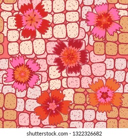 Seamless pattern. Symbolic carnations scattered on the foreground.
The background consists of stone blocks. Editable.