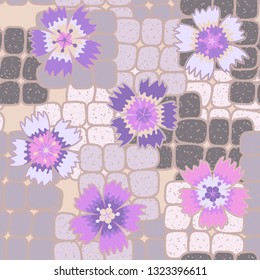 Seamless pattern. Symbolic carnations scattered on the foreground.
The background consists of stone blocks. Editable.