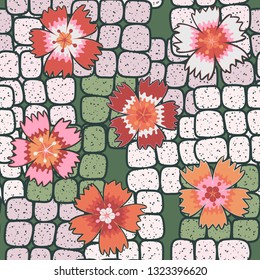 Seamless pattern. Symbolic carnations scattered on the foreground.
The background consists of stone blocks. Editable.