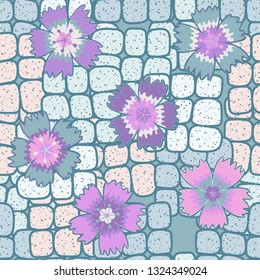 Seamless pattern. Symbolic carnations scattered on the foreground.
The background consists of stone blocks. Editable.