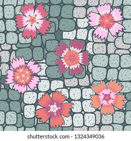 Seamless pattern. Symbolic carnations scattered on the foreground.
The background consists of stone blocks. Editable.