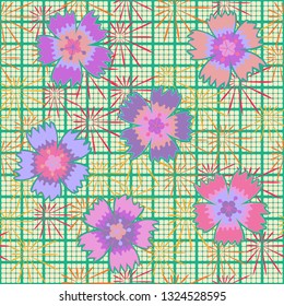 Seamless pattern. Symbolic carnations scattered on the foreground.
Checkered background with slanting stars. Edited.